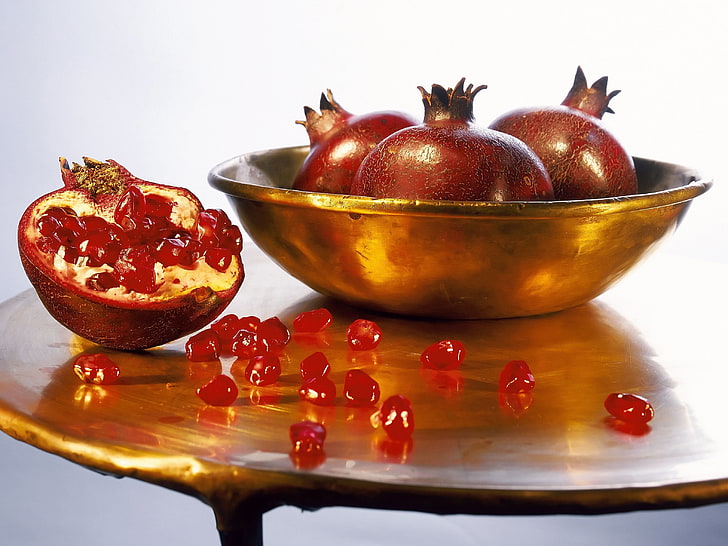 brown fruit lot, pomegranate, table, bowl, grains, fruit, HD wallpaper