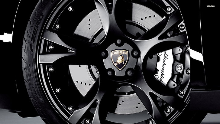 black Lamborghini wheel, tire, rim, black, sports car, lamborghini, emblem, HD wallpaper