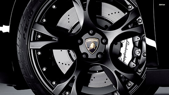 roda Lamborghini preta, pneu, aro, preto, carro esportivo, emblema lamborghini, HD papel de parede HD wallpaper