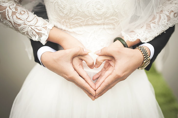 women's white lace wedding gown, wedding, hands, heart, love, romance, HD wallpaper