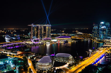 海、夜、デザイン、ライト、海岸、建物、道路、家、シンガポール、ホテル、橋、メガポリス、投光照明、マリーナベイサンズ、 HDデスクトップの壁紙 HD wallpaper