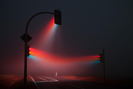 lampu lalu lintas hitam, lampu lalu lintas, lampu, lampu lalu lintas, lalu lintas, kabut, merah, biru, jalan, lampu jalan, malam, sinyal, jalan, Lucas Zimmermann, Wallpaper HD HD wallpaper