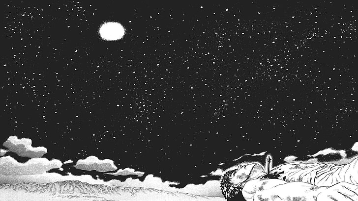 Graustufenfoto der Wolkenillustration, Berserker, Anime, nächtlicher Himmel, Mond, Mondschein, Kentaro Miura, Eingeweide, HD-Hintergrundbild