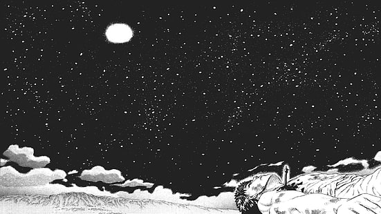 foto em escala de cinza da ilustração de nuvem, Berserk, anime, céu noturno, lua, luar, Kentaro Miura, tripas, HD papel de parede HD wallpaper