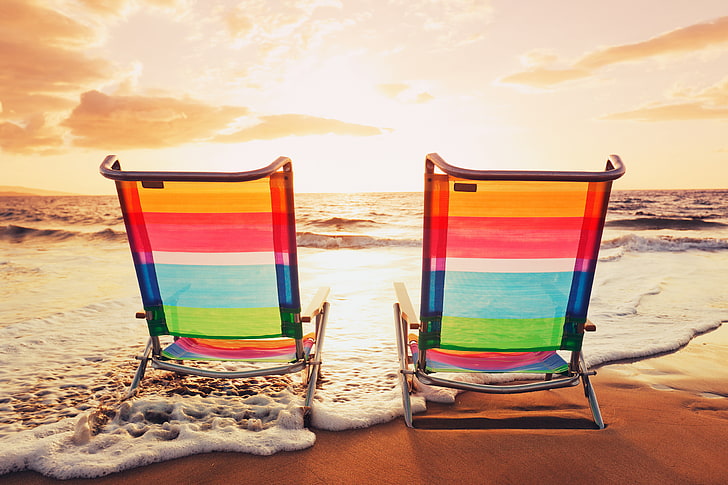 two rainbow adirondack chairs, sea, beach, summer, the sky, clouds, landscape, sunset, nature, sky, sand, chairs, HD wallpaper