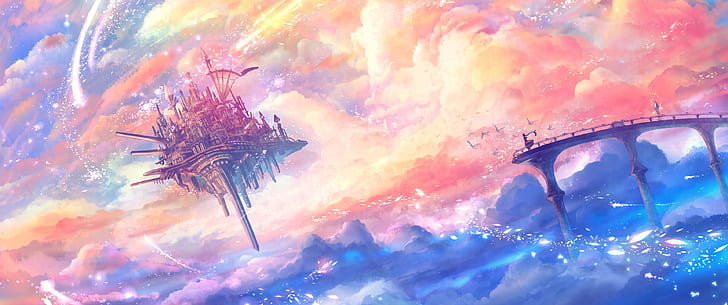 Anime, Anime Girls, Burg, Floating Castle, Himmel, Wolken, Vögel, ultraweit, ultraweit, HD-Hintergrundbild