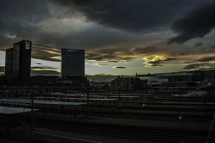 stadsbild, kväll, järnvägsspår, Oslo, tågstation, HD tapet
