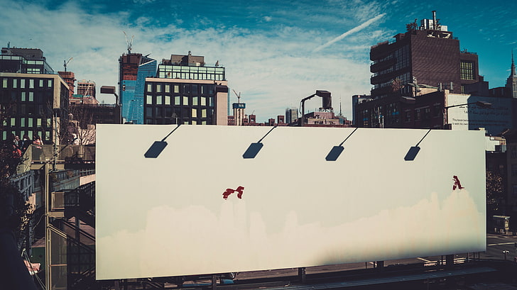 szarobrązowy budynek, billboardy, Nowy Jork, miasto, budynek, Tapety HD