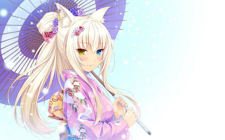 Anime Mädchen, Kokosnuss (Neko Para), Neko Para, Nekomimi, Tierohren, Heterochromie, Katzenmädchen, Regenschirm, Kimono, Anime, HD-Hintergrundbild