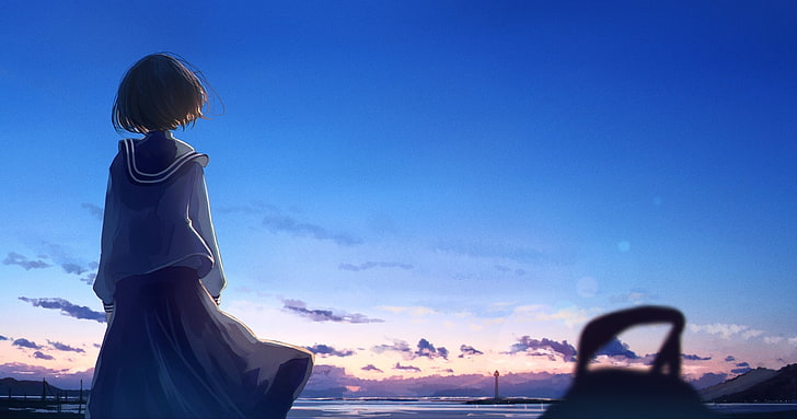 gadis sekolah anime, tampilan belakang, langit, Anime, Wallpaper HD