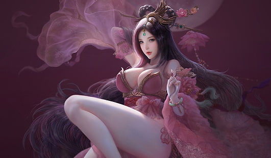 Diaochan, girl, the game, fantasy, art, Ruoxin Zhang, illustration Game, Pink Diao Chan, Sfondo HD HD wallpaper