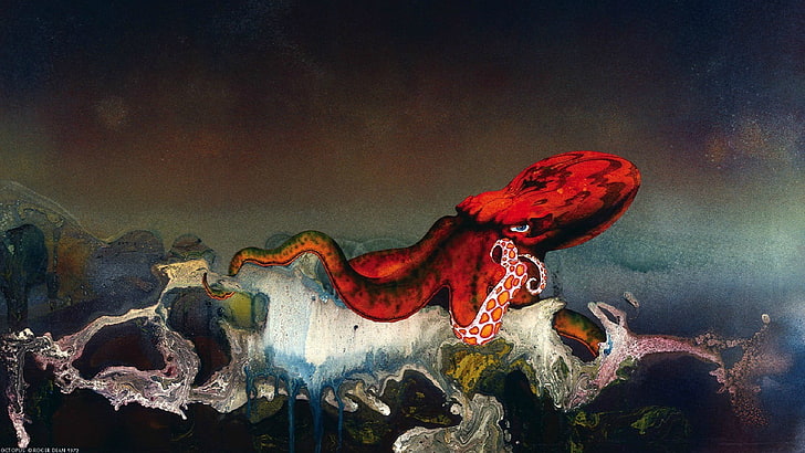 red octopus in ocean painting, digital art, octopus, ship, Roger Dean, HD wallpaper