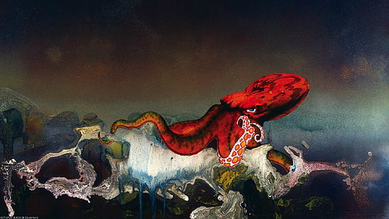 polpo rosso nella pittura oceanica, arte digitale, polpo, nave, Roger Dean, Sfondo HD HD wallpaper