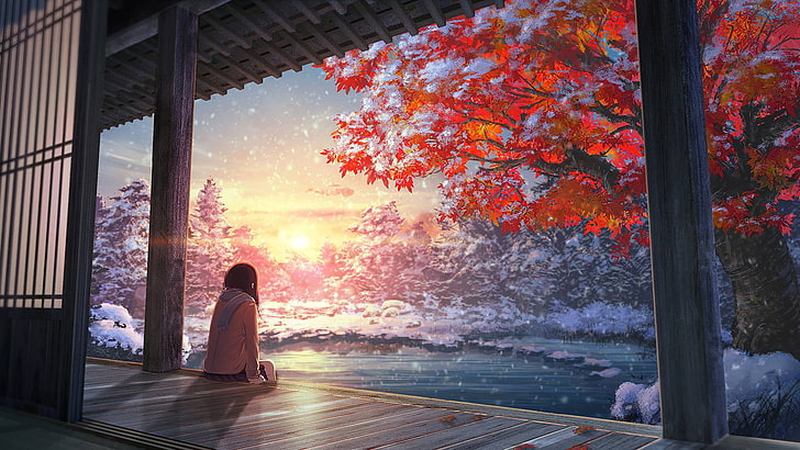 grünblättrige Baumillustration, Anime, Anime-Mädchen, kurzes Haar, Schal, Sonnenuntergang, Bäume, HD-Hintergrundbild