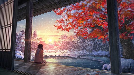 illustration d'arbre à feuilles vertes, anime, filles de l'anime, cheveux courts, foulard, coucher de soleil, arbres, Fond d'écran HD HD wallpaper