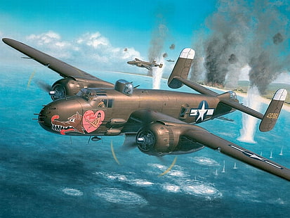 II wojna światowa, samoloty wojskowe, samoloty, Mitchell, B-25, bombowiec, dzieło sztuki, wojsko, Tapety HD HD wallpaper