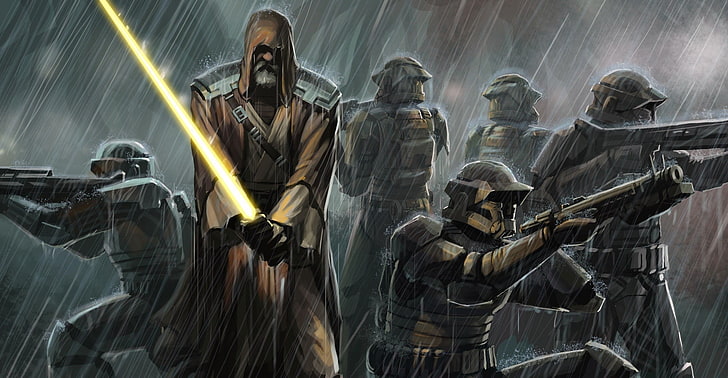 papel de parede de seis homens com armaduras, Guerra nas Estrelas, sabre de luz, Jedi, obras de arte, arte conceitual, chuva, HD papel de parede