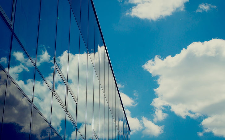 clear blue sky, clouds, sky, window, modern, HD wallpaper