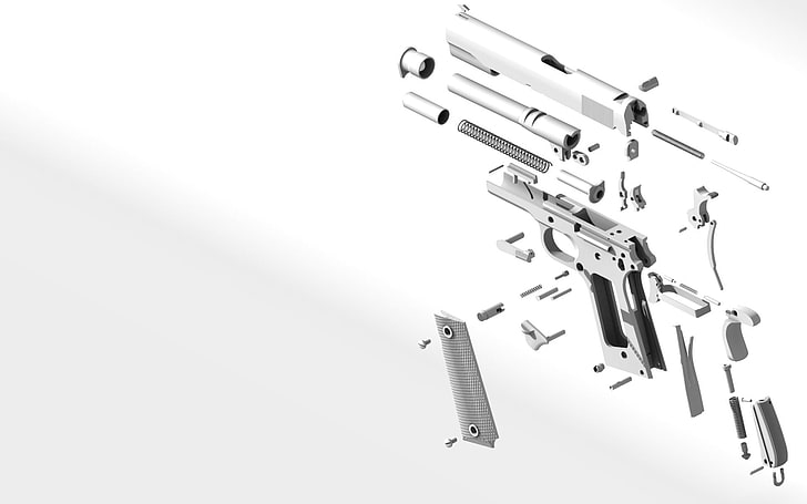 biało-czarne narzędzie metalowe, M1911, pistolet, pistolet, pistolet, 1911, schemat eksplodujący, Tapety HD
