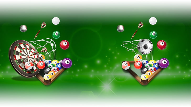 Bolas de billar, bolas de billar, dardos, fútbol, ​​balón de fútbol., Fondo de pantalla HD