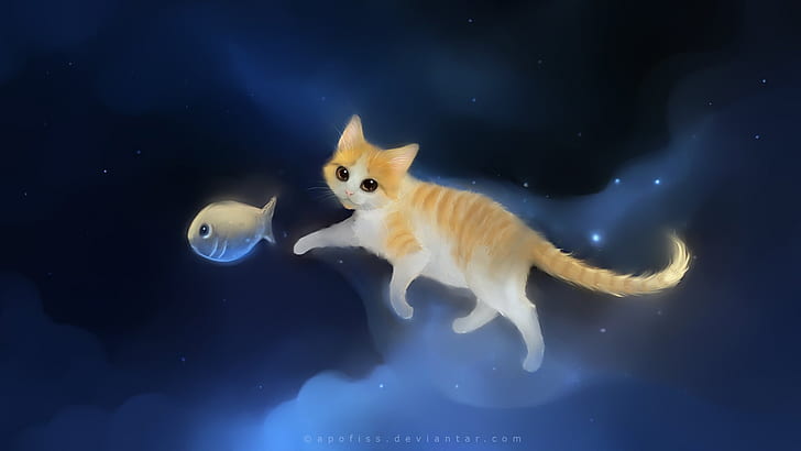Котка преследва риба в небето на живописта, Котка, Преследва, Риба, Небе, Живопис, HD тапет