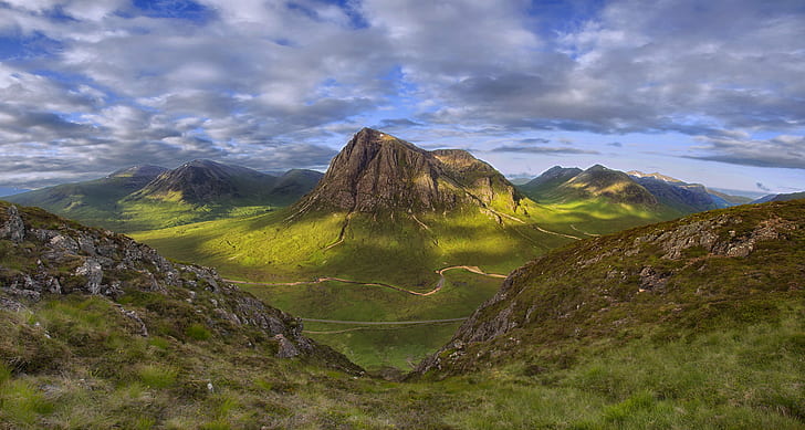 aerial photography of mountains, highlands, scotland, highlands, scotland, Dawn, Highlands, Scotland, aerial photography, mountains, Buachaille Etive Mor, Glencoe, Black Mount, mountain, nature, landscape, scenics, outdoors, summer, grass, mountain Peak, HD wallpaper