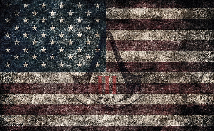 Assassin's Creed III - Amerikanische erodierte Flagge, Großbritanniens Flagge, Spiele, Assassin's Creed, Attentäter, Attentäter, Glaubensbekenntnis, Assassins Creed, Flagge, III, 3, Amerikaner, erodiert, HD-Hintergrundbild