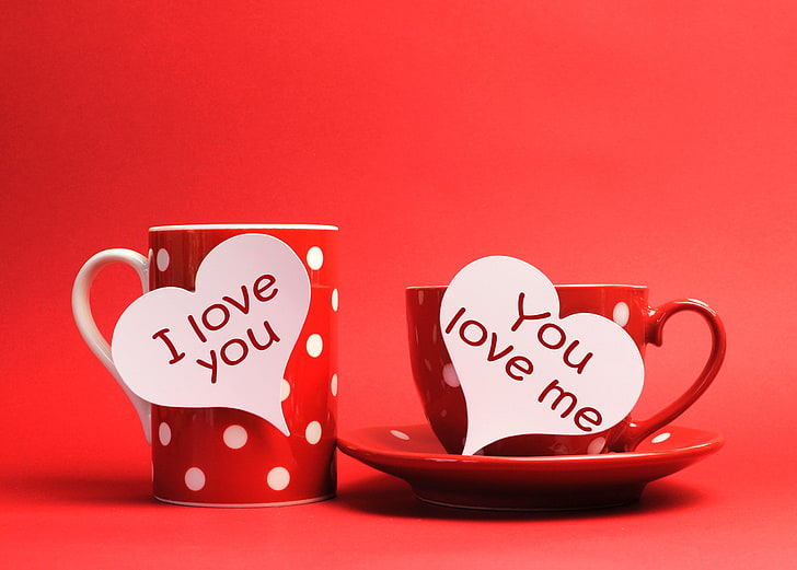 red ceramic teacup and saucer, red, labels, background, heart, mug, Cup, hearts, I love you, you love me, HD wallpaper