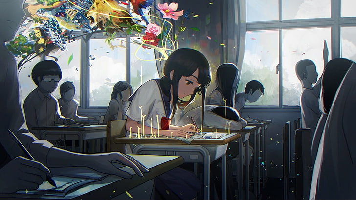 black-haired woman anime character illustration, creativity, anime girls, school, trees, school uniform, desk, abstract, original characters, HD wallpaper