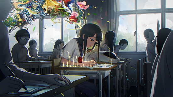 ilustrasi karakter anime wanita berambut hitam, kreativitas, gadis anime, sekolah, pohon, seragam sekolah, meja, abstrak, karakter asli, Wallpaper HD HD wallpaper