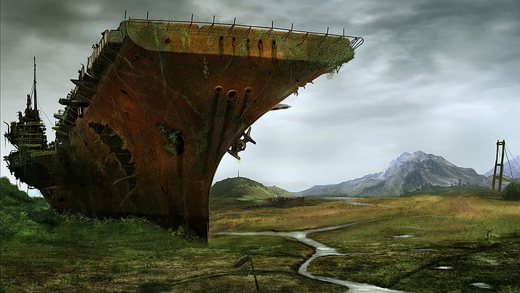 سفينة بنية على اليابسة داخل سلسلة جبال خلال النهار ، أعمال فنية ، نهاية العالم، خلفية HD