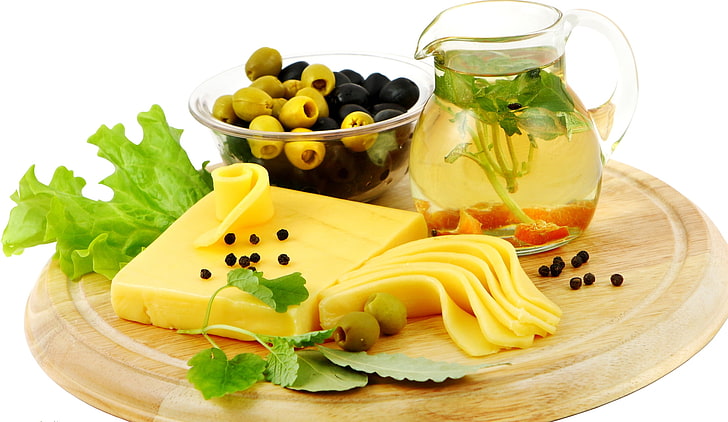 clear glass pitcher, cheese, olives, tasty, HD wallpaper