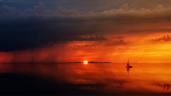 paysage, coucher de soleil, eau, mer, voilier, Fond d'écran HD