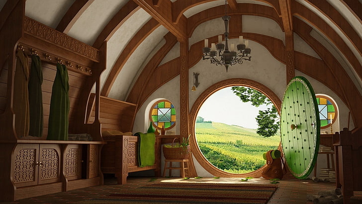 Braun-weißes Hobbit-Haus, Der Herr der Ringe, Beutelsend, Das Auenland, Interieur, Haus, HD-Hintergrundbild