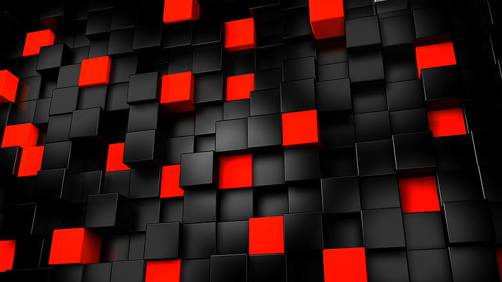 render, hitam, merah, seni digital, kubus, CGI, Wallpaper HD