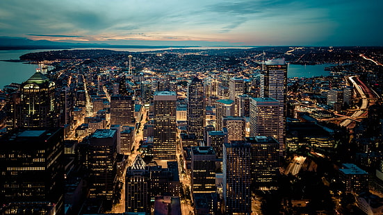 Stadtgebäude, Luftaufnahme des Stadtgebäudes, Stadtbild, Stadt, Nacht, Lichter, Architektur, Seattle, HD-Hintergrundbild HD wallpaper