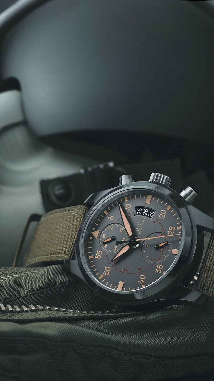 black chronograph watch, watch, IWC, portrait display, HD wallpaper