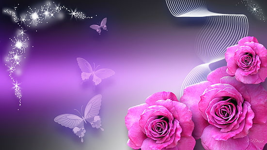 bunga, 1920x1080, 3D, kupu-kupu, desktop, Mawar, merah muda, kertas, mawar 3d hidup, unduhan langsung mawar, mawar besar, Wallpaper HD HD wallpaper
