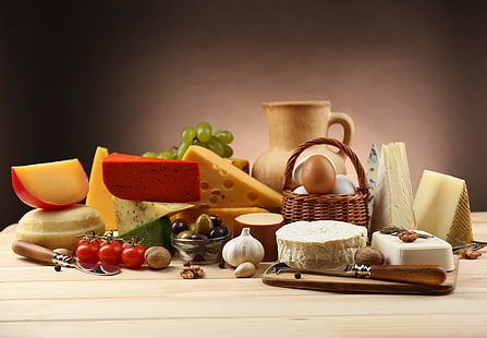 eggs, cheese, grapes, pitcher, basket, tomatoes, olives, garlic, walnuts, HD wallpaper HD wallpaper