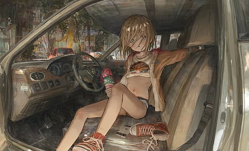  anime girls, car, ice cream, original characters, HD wallpaper HD wallpaper