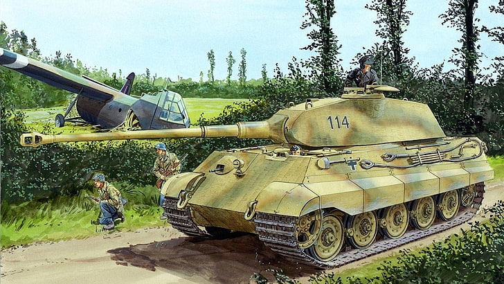 green and brown battle tank, figure, soldiers, the Germans, King tiger, Panzerkampfwagen VI Ausf. B, Tiger II, Royal tiger, glider, HD wallpaper