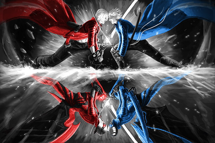 two male character wearing red and blue coats illustration, Devil May Cry, Dante, Vergil, devils, HD wallpaper