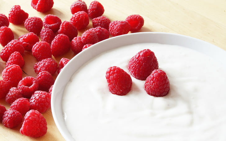 raspberries, berries backgrounds, yogurt, download 3840x2400 raspberries, HD wallpaper
