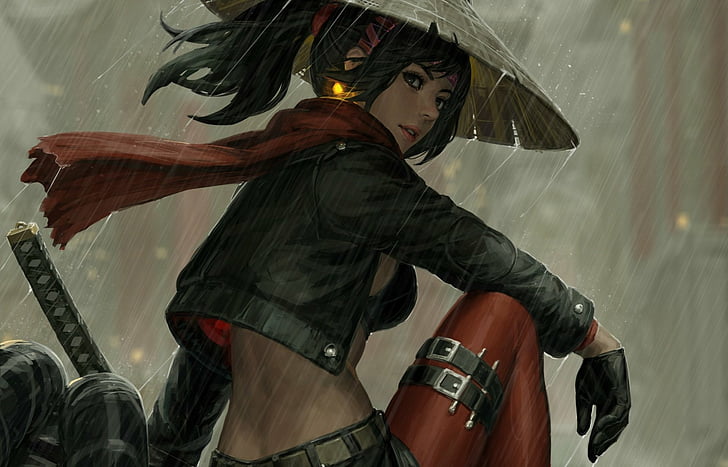 Fantasie, Samurai, asiatischer konischer Hut, schwarzes Haar, Mädchen, Pferdeschwanz, Regen, Frauenkrieger, HD-Hintergrundbild