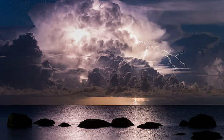 body of water and sea of cloud, nature, landscape, lightning, sea, clouds, storm, night, rock, water, HD wallpaper