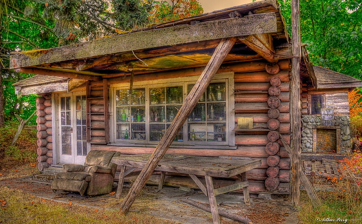 Крошечный бревенчатый домик, коричневый деревянный дом, винтаж, HDR, HD обои