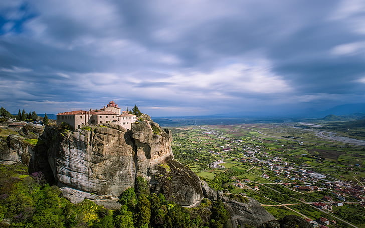 Greece, Meteora, valley, mountains, monastery, town, Greece, Meteora, Valley, Mountains, Monastery, Town, HD wallpaper