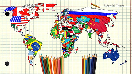 世界地図イラスト、地図、世界、鉛筆、紙、大陸、フラグ、 HDデスクトップの壁紙 HD wallpaper