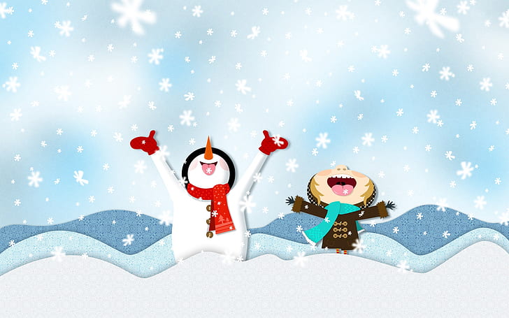 Счастливые снеговики, отпуск, фон, праздник, HD обои