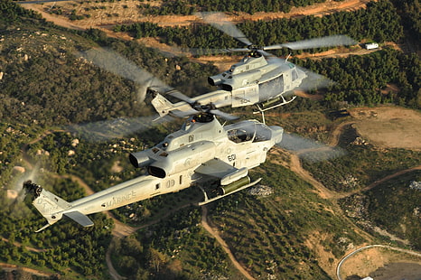 dwa szare helikoptery, USMC, Bell AH-1 SuperCobra, wojskowe, Bell AH-1Z Viper, pojazd, samolot wojskowy, Tapety HD HD wallpaper